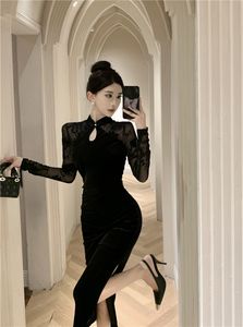 Women's stand collar retro Chinese cheongsam style gauze floral perspective long sleeve velvet sexy dress SML