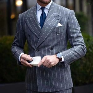 Men's Suits Grey Striped For Mens Double Breasted Business Blazer Wedding Groom Tuxedo Slim Fit 2 Piece Jacket Vest Pants Costume Homm