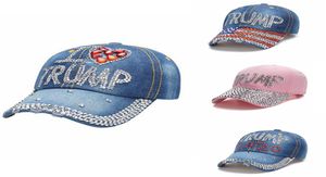 Trump Denim Hat Rhinestone Trump Baseball Cap randig USA Flagg Caps Women Girls Snapback President Hats Outdoor Headwear 4 Designs2962784