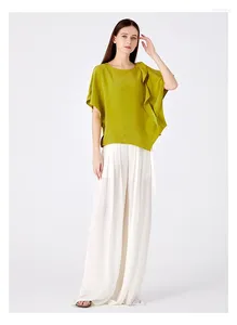 Koszule kobiet 30 Momme ciężka Mulberry Silk Olive Green O-Neck Batwing Pół rękawski Trójwymiarowy dekoracja luźna koszulka BE1332