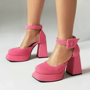 Scarpe eleganti Nero Rosa Blu Primavera Autunno Donna Piattaforma tacco alto Décolleté quadrati da donna Velluto a coste Punta tonda Fibbia