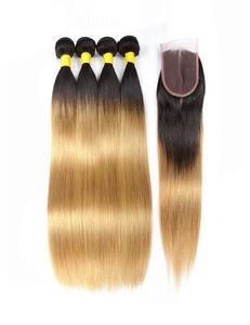 T 1B 27 ciemne korzenie miodowe blond wiązki z zamknięciem peruwiańskie proste ombre Virgin Human Hair Weave 3 wiązki z koronkowym zamknięciem 57778449