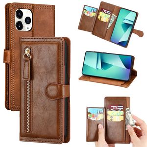 Luxury Leather dragkedja Flip Wallet Case Card Holder Phone Stand Cover för iPhone 15 Pro Max 14 13 12 11 XS SE 8 7 6 6S Plus Samsung S24 Note 20 Ultra