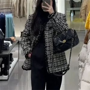 Elegant plus size s-4xl tweed plädjackor koreansk mode o-hals singelbröst stora fickrockar streetwear kvinnor casualt toppar 240111