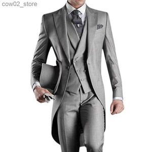 Ternos masculinos blazers cinza casamento homens cauda casaco 3 peça noivo smoking para formal baile masculino ternos moda conjunto jaqueta com calças colete q230103