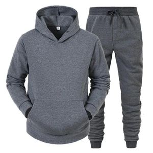 Casual Solid Color Tracksuit For Men Pullover Hooded Tops and Drawstring Pants Two Pieces Suits Fitness Jogging Sports Outfits 240102