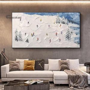 Gemälde Original handgemaltes weißes Schnee-Skifahren auf verschneiten Bergen, abstrakte Texturmalerei auf Leinwand, moderne Wandkunst für Heimdeko