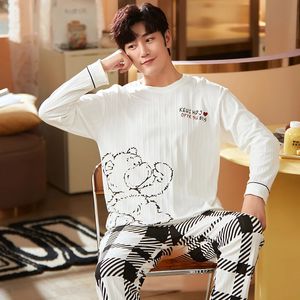 Men's Leisure Winter Long Sleeve White Cotton Pajamas Set Warm Homewear Trendy Cartoon Muppet Bear Printed Mens 2 Pcs Sleepwear 240103