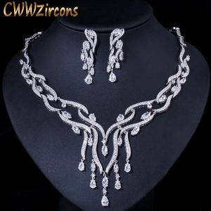 Necklace Cwwzircons White Cubic Zirconia Long Big Tassel Drop Wedding Party Necklace Earrings Jewelry Sets for Women Brides T357