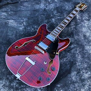Grote Red Flame Maple Jazz Electric Guitar, F Holes Semi Hollow Archtop Guitar