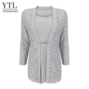 YTL女性エレガントな長袖ホロークロシェットプラスサイズのブラウスシャツ秋の冬のトップワークオフィスH384B 240102