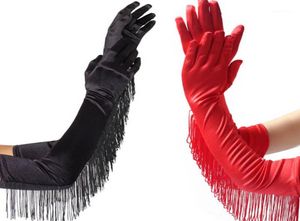 Dance Performance Mittens Fashion Tassels Long Satin Gloves Women Opera Evening Party Costume 3 Colors Black White Red4617793