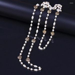 Chains Multilayer Pearl Necklace For Women Long Luxury Camellia Flower Crystal Chain Necklaces Sweater Wedding Jewelry Z045