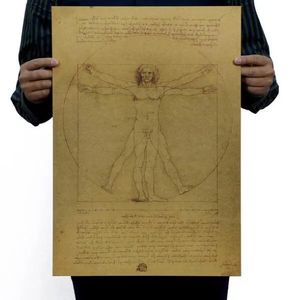 Artesanato leonardo da vinci manuscritos homem vitruviano vintage papel kraft filme cartaz decoração de casa decalques de parede arte diy retro decoração impressões