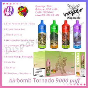 Original Airbomb Tornado 9000 Puff Disposable Vape Pen 18 ml Förfylld POD-mesh-spole 600mAh Uppladdningsbart batteri 0% 2% 3% 5% Evaporator E Cigarett 10 smaker i lager