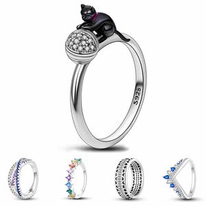 925 Sterling Silver överdriver man ring 12 Black Cat Multi Layer Punk Designs Rings for Women Original 925 Silver Rings Brand Jewelry Gift