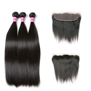 Wefts Malaysian Straight Hair 13x4 Spets Frontal Bundles 3 Remy Human Hairs Bunds With Stängning Free Part Natural/Jet Black