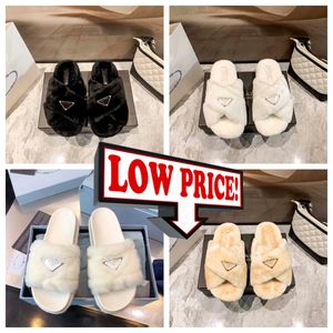 Pradess Triangle Logo Small and Popular Plush Slippers for Women's Autumn/Winter Versatile Casual Flat Bottom Open Toe Warm Shoes