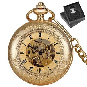 Relógios de bolso retro presente masculino vidro transparente numerais romanos dial ouro manual relógio mecânico com caixa de corrente