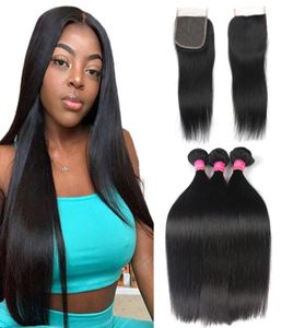 Peruansk rakt hår med 4x4 stängning WholseAle Peruvian Virgin Straight Human Hair Bunds With Lace Closure Mink Peruvian Huma8410448