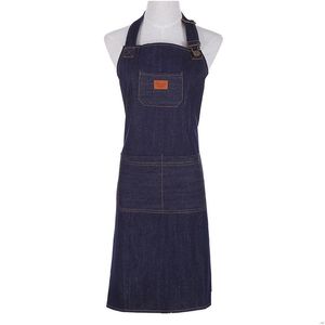 Grembiuli Grembiule da chef in denim per uomo Cucina unisex da cucina Barbecue Grigliata da donna Work Shop Server Bavaglino Jean Grembiuli regolabile 210623 Drop De Dhd8R