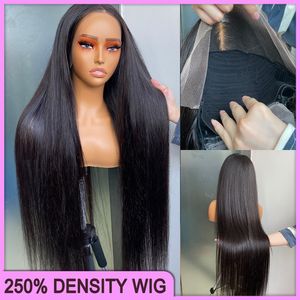 250% Densidade grau 12a Malásia peruano indiano brasileiro sedoso reto 13x4 HD Wig frontal de renda 34 polegadas 100% Cabelo humano virgem espesso de espessura crua