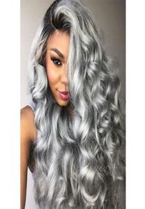 Brasiliansk ombre grå full spets mänskliga hår peruker vågiga silvergrå glueless front spets peruker 130 täthet med blekta knop grå1651939