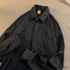 Camisas casuais masculinas retro seda gelo plissado camisas de manga longa homens mulheres soltas camisa de rua alta jaquetas homens tops roupas masculinas