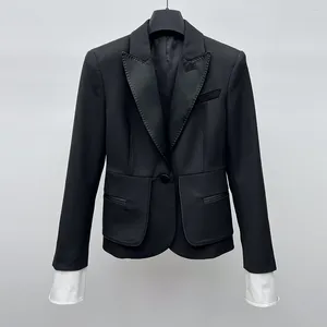 Damenanzüge, Büro, Wollmischung, schlanker Blazer-Mantel, hochwertiger Damen-Blazer mit einem Knopf und Taille bis zum Laufsteg, schwarze, abnehmbare Manschetten, kurze Jacke