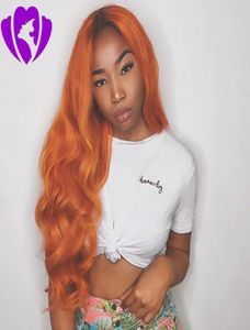 Middle Part Peruca Cabelo Long Body Wave Hair Wigs Ombre Orange Syntetisk spetsfront peruk för Womem Costume9767593