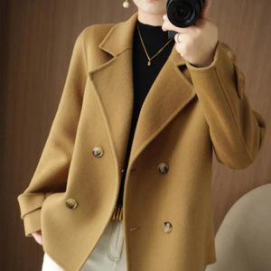 Jaqueta feminina casual de manga comprida elegante casaco de lã duplo trespassado quente solto para outono inverno formal 240103