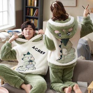 Sweatshirts par Pamas sätter kvinnor män vinter tjockare pyjamas sömnkläder tecknad dinosaurie koreanska älskare hemkläder mjuka varma pijama hoodies