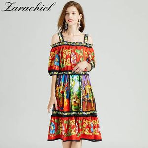 Dresses Women Summer Runway Edible Tree Fungus Holiday Spaghetti Strap Slash Neck Elastic Flowers Figure Print Elegant Midi Dresses