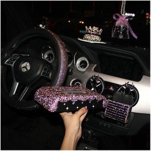 Decorações interiores nobre roxo diamante acessórios de carro para mulheres pingente de cristal ornamentos couro volante ers caixa de tecido d dhkos