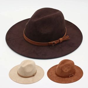 Church Suede Fabric Fedora Hats Winter Autumn Wide Brim Gentleman Felt British Jazz Women Flat Dress American 240102