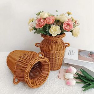 Simulazione Vaso di fiori intrecciati in rattan Retro Decorazione da tavolo Piante Vaso di fiori Cesto di fiori fatto a mano in rattan Forniture per giardinaggio 240103