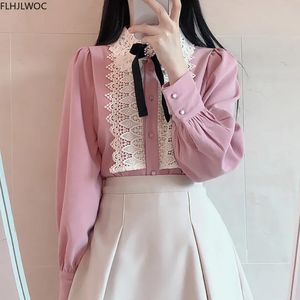 Womens Basic Office Lady Wear Wear Cute Vintage Bow Tie Top White Spets Single Breasted Button Solid Pink Shirts Bluses 240102