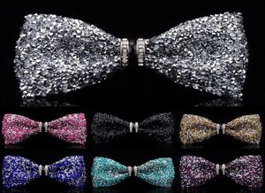 Neckband Fashion Tuxedo Bow Tie Men Röd och svart kristallglas brudgum gifter sig med bröllopsfest Färgglada randiga fjäril Cravats Mens9458555