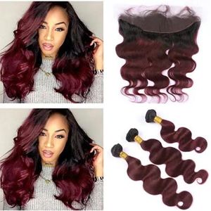 Wefts Body Wave Bourgogne ombre spets frontal stängning 13x4 med buntar 1b/99j vin röda ombre jungfruliga hårförlängningar med öron till öronfront