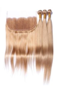 Honey Blonde Brazilian Virgin Human Hair Wefts With Frontal Silky Straight Pure 27 Light Brown Color 13x4 Lace Frontal With 3 Bun8135421