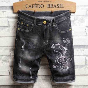 Estilo chinês bordado dragão shorts jeans fino na altura do joelho personalidade moda desgastado preto estiramento algodão denim shorts h1210