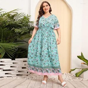 Ethnic Clothing Summer Casual Loose Abayas For Women Vintage Printed Dress Plus-size Flower Short Sleeve Robes V-neck Vacation Long