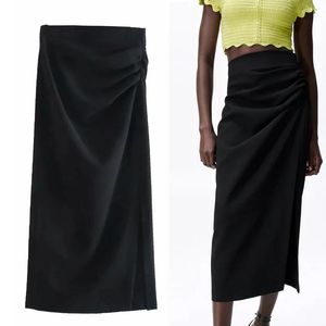 T-Shirt Traf 2021 High Waist Pencil Skirt Women Black Long Skirt Woman Summer Fashion Ruched Midi Skirt Ladies Sexy Split Wrap Skirts