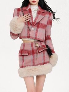 Casual Dresses Spring Short Skirt Set Plaid Suit Women Y2K Cropped Top Mini Office Ladies Two Piece Korean Fashion Clothing