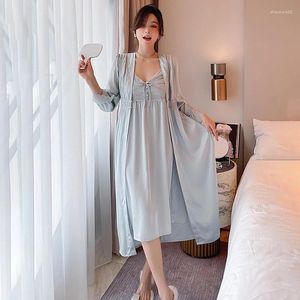 Kvinnors sömnkläder nattklänningar ROBE -klänning sätter sexig spets v hals lounge pyjama långärmad damer nattkläder badrock nattdress