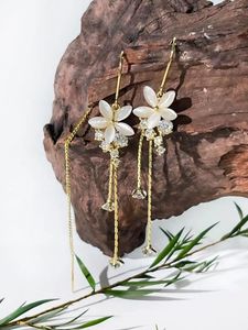 Dangle Earrings Minar Fairy Sparkly CZ Cubic Zirconia Opal Flower Petal Long Tassel For Women 14K Real Gold Plated Brass Jewelry
