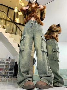 女子ジーンズフランジング大きなポケットデザインデニムズボンアメリカンヴィンテージストリートスタイルカジュアルメスハイウエストストレートパンツ
