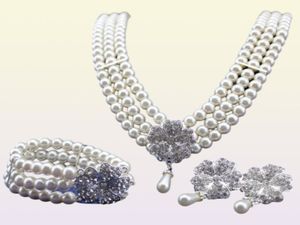 Rhodium Silver Tone IvoryCream Pearl Bridal Jewelry Set Wedding Necklace Bracelet and Earrings Sets5608475