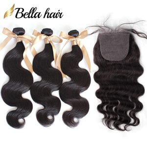 Fechamento de base de seda de cabelo bella com 3 pacotes de cor natural onda corporal 8a cabelo humano virgem brasileiro tecer base de seda fechamento completo ele