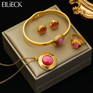 Collana Orecchini Set EILIECK Anello in acciaio inossidabile 316L con pietra rosa Anello per donna Gioielli con ciondolo di lusso Matrimonio in 4 pezzi